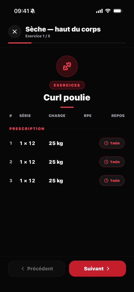 La séance dans l'application de l'athlète