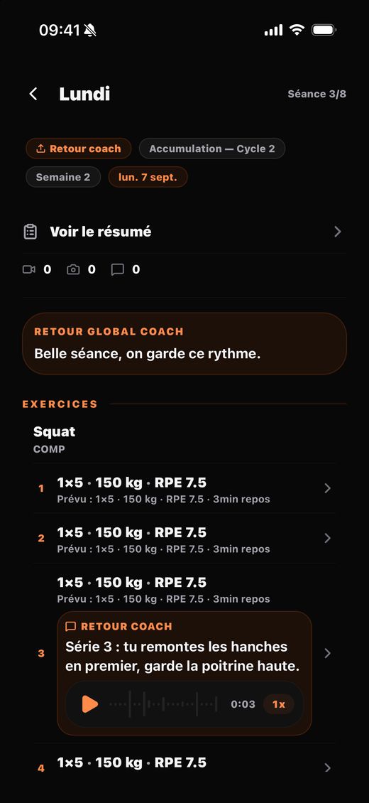 Le retour de séance d'un athlète dans l'application JYMA
