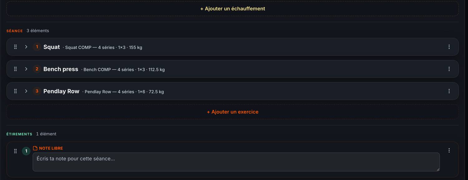 L'éditeur de bloc de JYMA : semaines, séances et exercices