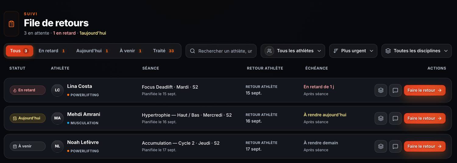 Les retours de séance des athlètes dans le cockpit du coach